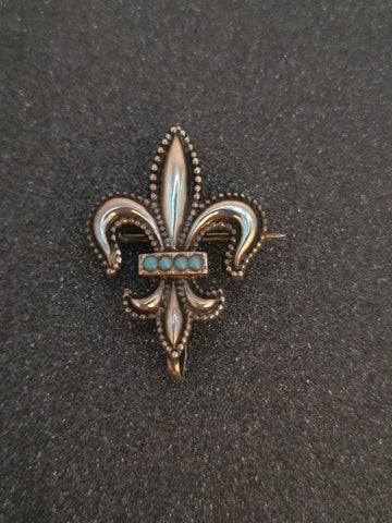 Victorian Turquoise Sterling Fleur de Lis Watch Pin, Brooch - 33 x 24mm